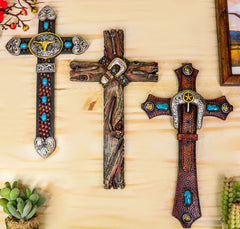 Set of 3 Rustic Western Turquoise Rocks Belt Buckle Conchos Wall Crosses Decor-1