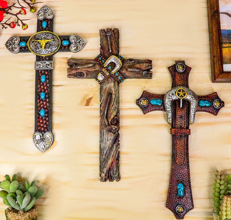 Set of 3 Rustic Western Turquoise Rocks Belt Buckle Conchos Wall Crosses Decor-1