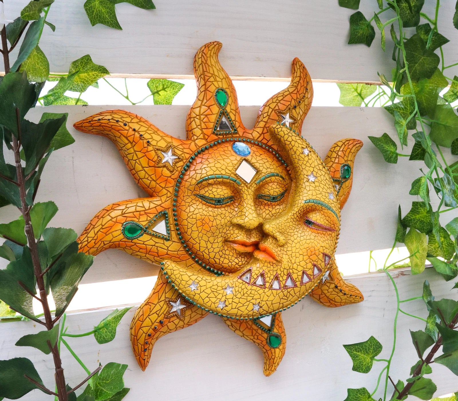 Orange Mosaic Face Sun with Yellow Mosaic Moon, 13"H Wall Plaque Decor-5