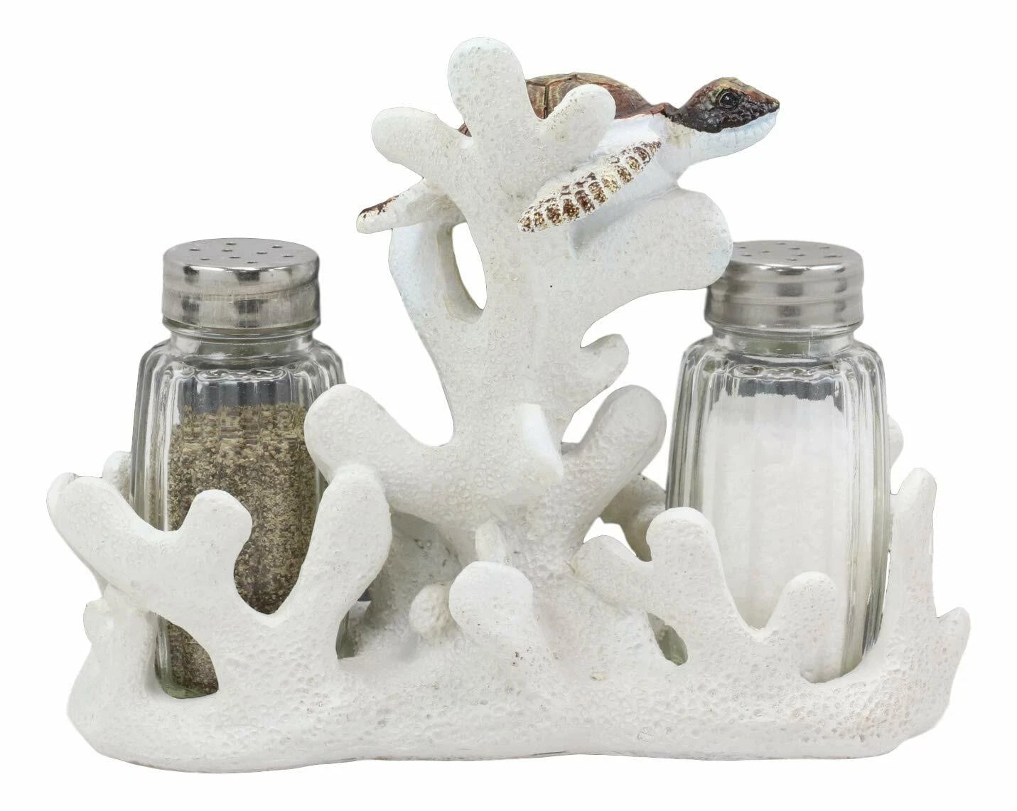 Nautical Coral Reef With 2 Sea Turtles Salt And Pepper Shakers Holder Set-4