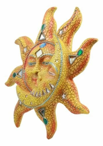 Orange Mosaic Face Sun with Yellow Mosaic Moon, 13"H Wall Plaque Decor-4