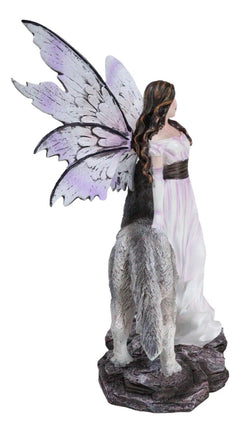 Fantasy Purple Winged Fairy Diana with Alpha Snow Direwolf Wolf Statue 10"H-5