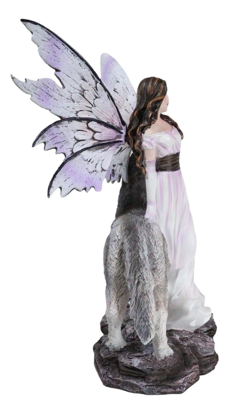 Fantasy Purple Winged Fairy Diana with Alpha Snow Direwolf Wolf Statue 10"H-5