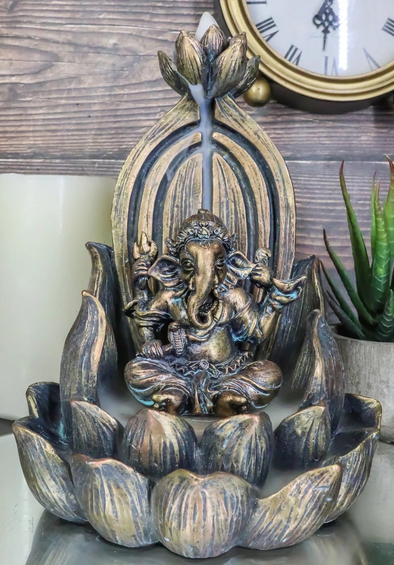 Hindu Elephant God Ganesha On Lotus Throne Backflow Cone Incense Burner Figurine-1