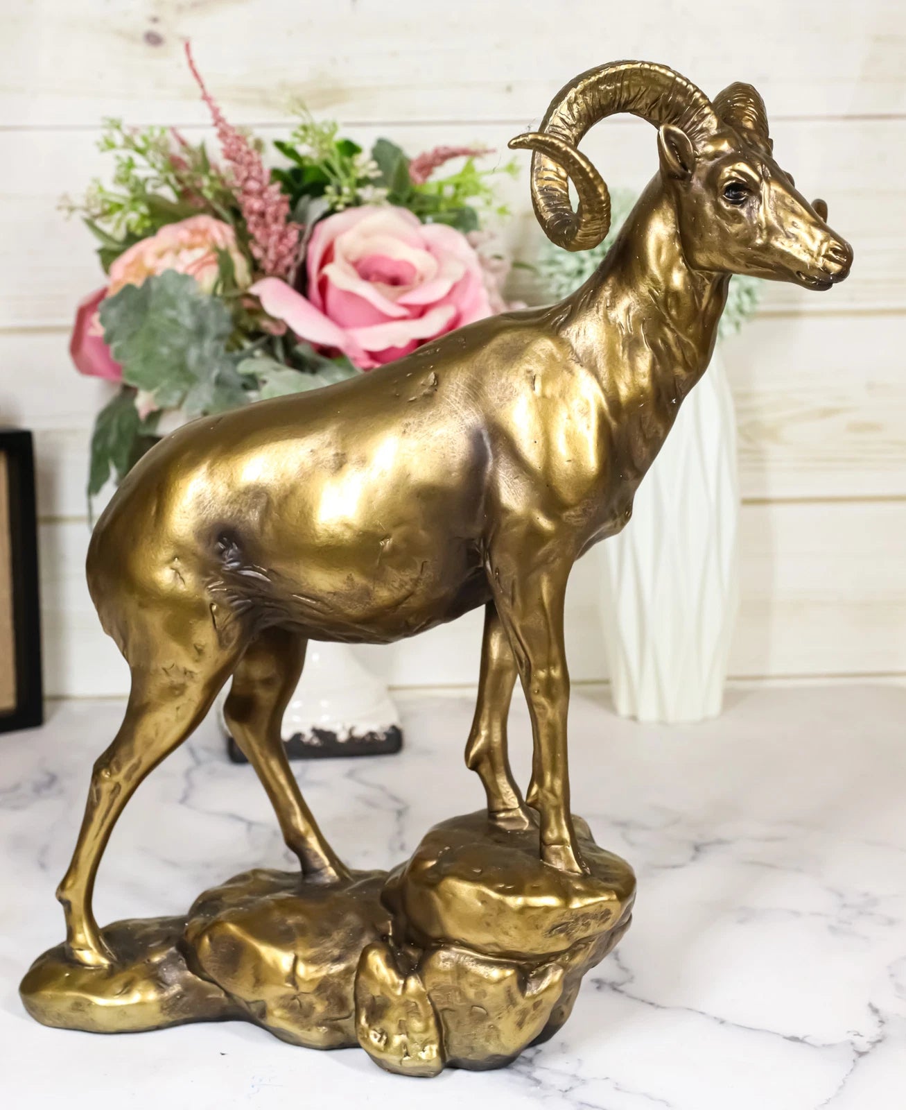 Large Country Wildlife Bighorn Sheep Ram Climbing On Rock Statue In Gold Patina-3