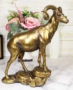 Large Country Wildlife Bighorn Sheep Ram Climbing On Rock Statue In Gold Patina-3