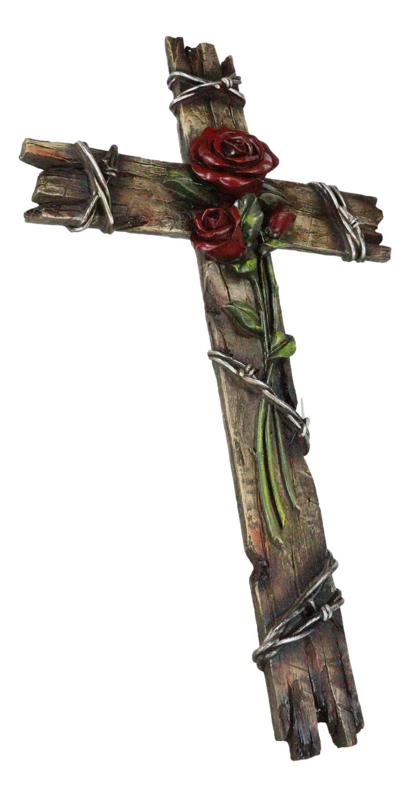 Rustic Western Faux Wooden Valentine Love Red Roses With Barbed Wires Wall Cross-5