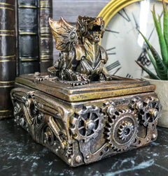 Bronzed Steampunk Cyborg Dragon Jewelry Box Figurine 9.5"L Robotic Serpentine-1