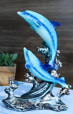 Nautical Marine Sea Ocean 2 Blue Dolphins Leaping Out Of The Reef Waves Figurine-1