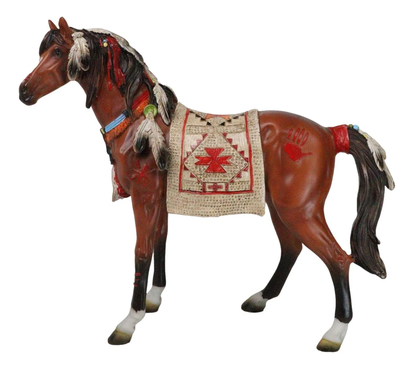 Estatua artesanal de caballo espiritual con sillín tapizado pintado, 24 cm de largo-6