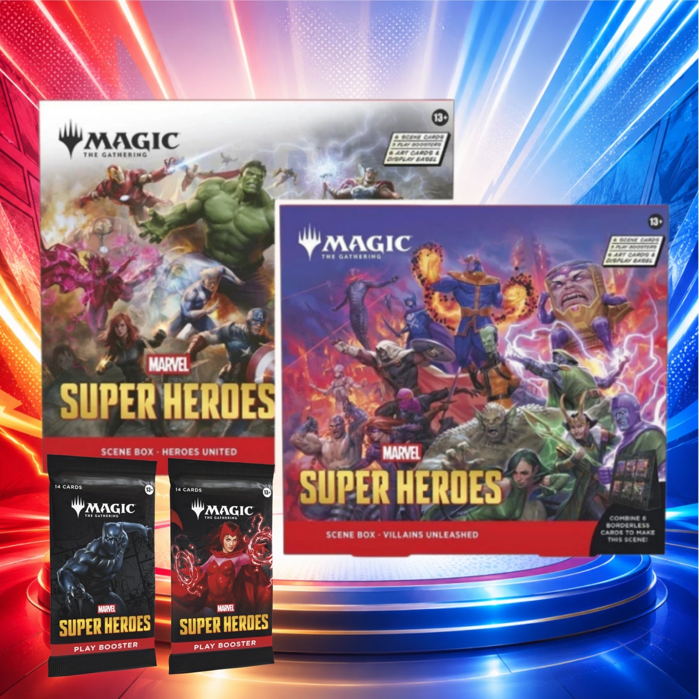 Magic: The Gathering Marvel Super Heroes Scene Box 2-Box Set + 2 Play Booster Packs English Edition, Heroes United & Villains Unleashed MTG Collectible Cards Display Gift