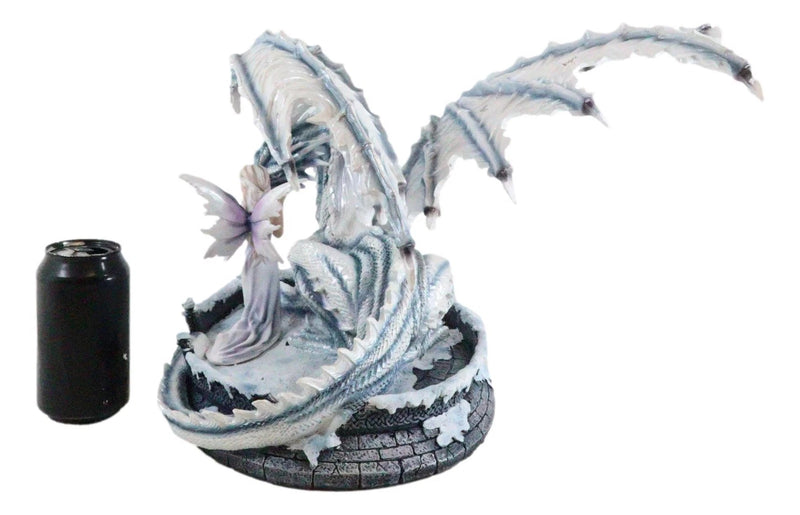 Large 15" Long Winter Blizzard Fairy with Giant White Dragon Statue-9