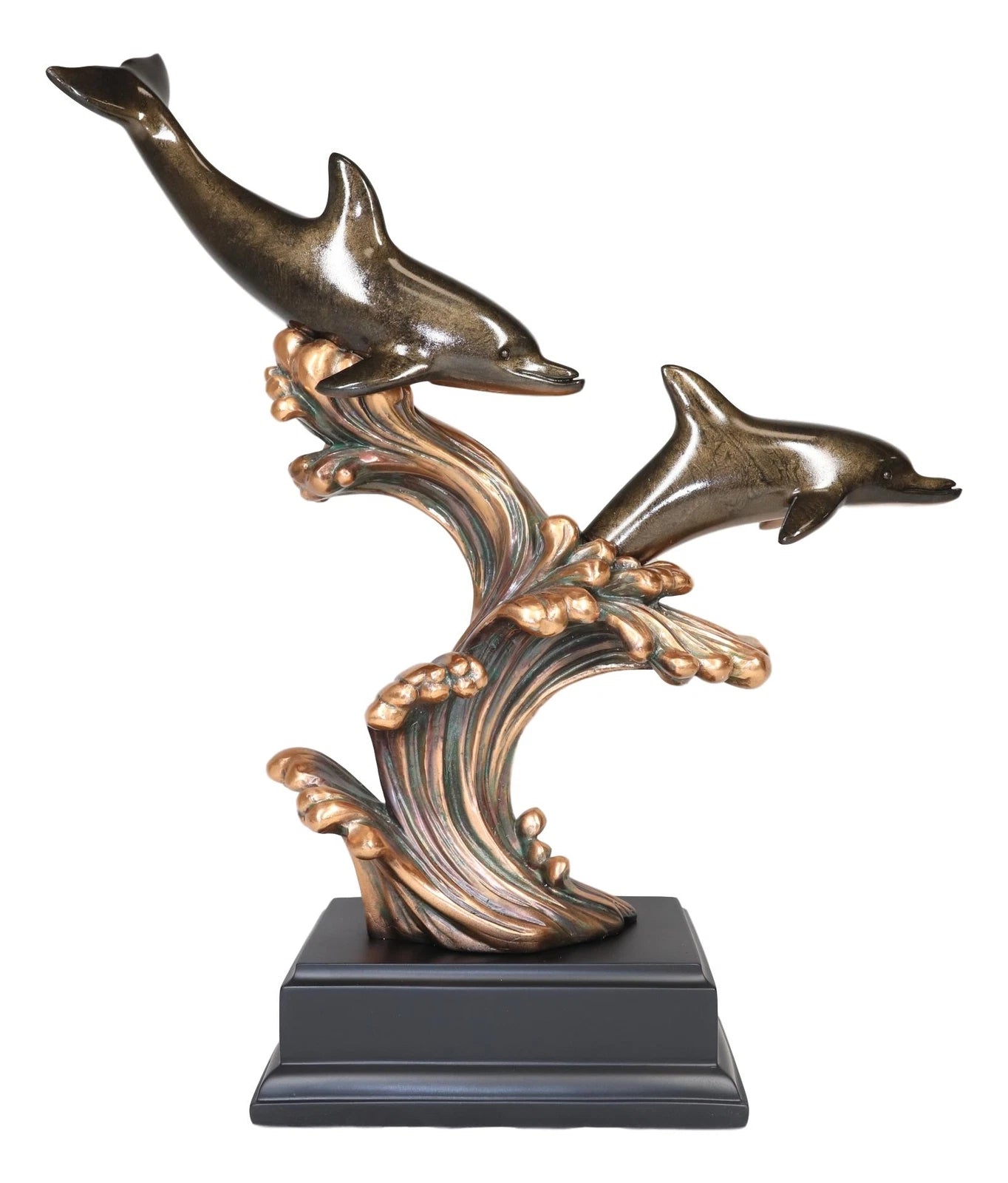 Nautical 2 Dolphins Surfing Ocean Waves Electroplated Bronze Resin Statue-2