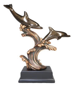 Nautical 2 Dolphins Surfing Ocean Waves Electroplated Bronze Resin Statue-2