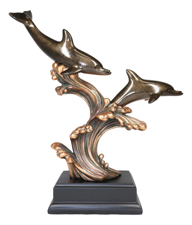Nautical 2 Dolphins Surfing Ocean Waves Electroplated Bronze Resin Statue-2
