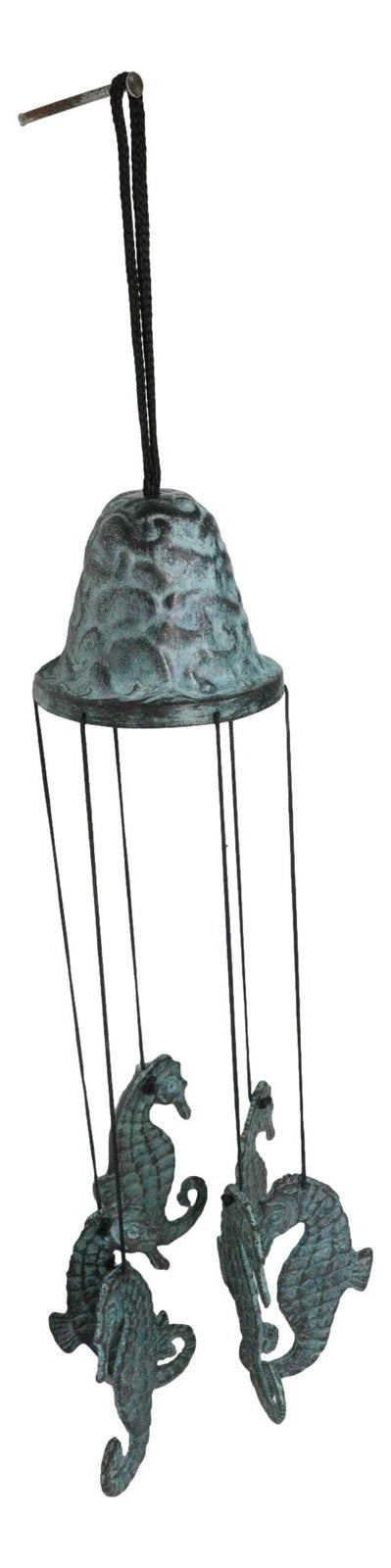 Verdigris Distressed Brass Metal Nautical Bell With Marine Seahorses Wind Chime-6