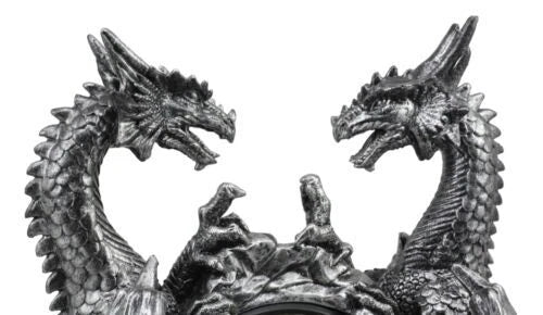 Gothic Twin Dragons Table Clock Statue With Roman Numerals In Metallic Look 11"H-5