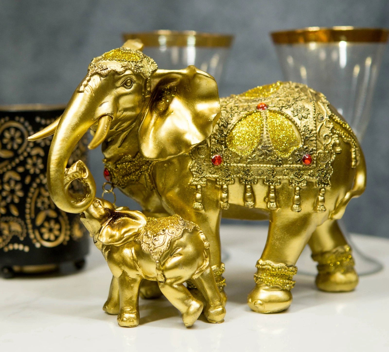 Estatua familiar de elefante dorado con cría, auspiciosa, según el Feng Shui y el budismo.-6