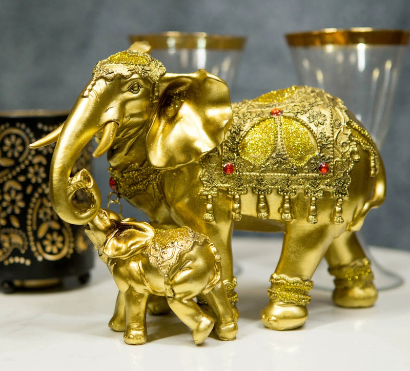 Estatua familiar de elefante dorado con cría, auspiciosa, según el Feng Shui y el budismo.-6