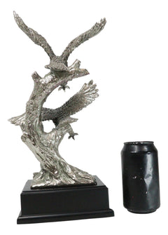 Large King Of The Skies Electroplated Silver Bald Eagles Taking Flight Statue-5