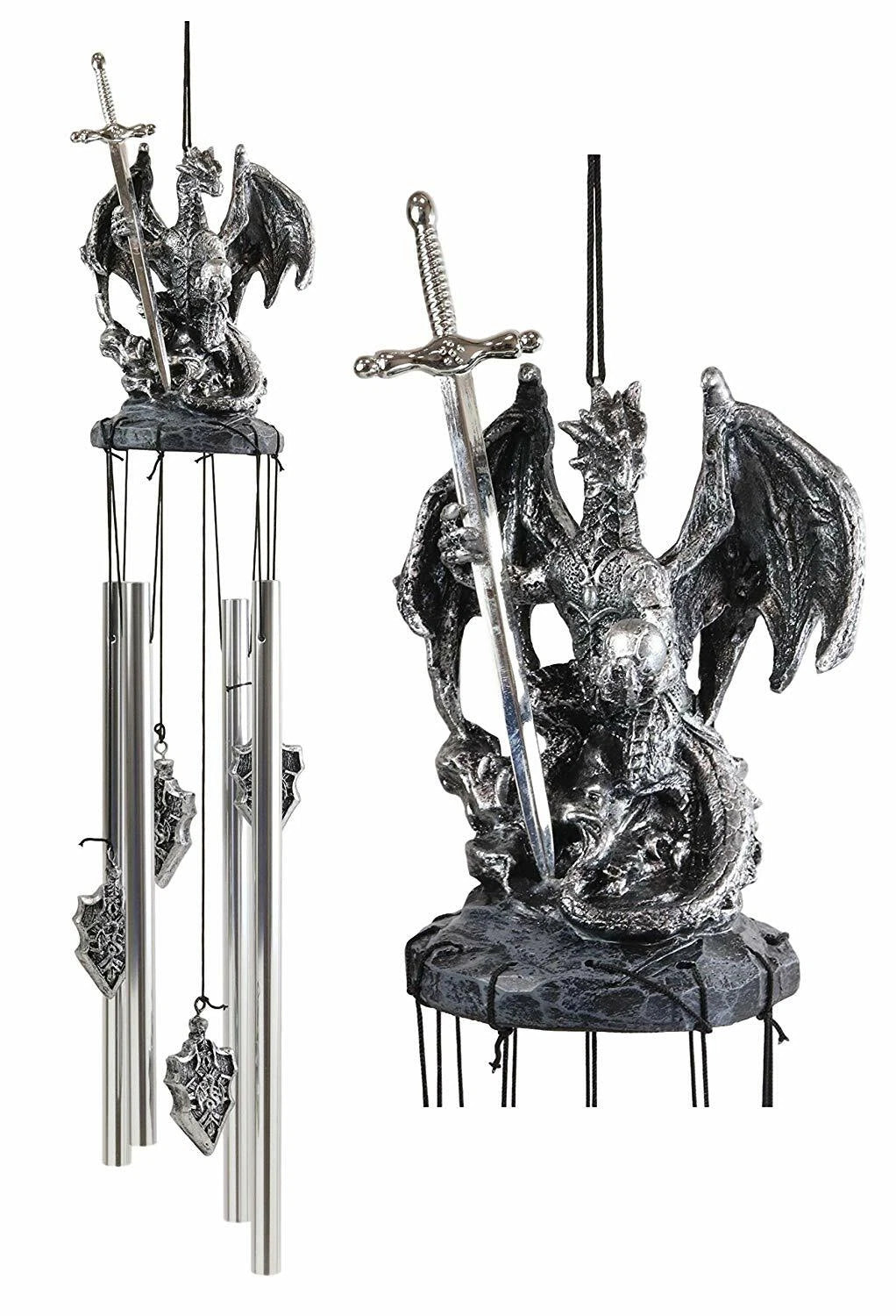 Medieval Silver Dragon Holding Excalibur Sword And Orb Figurine Wind Chime Decor-2