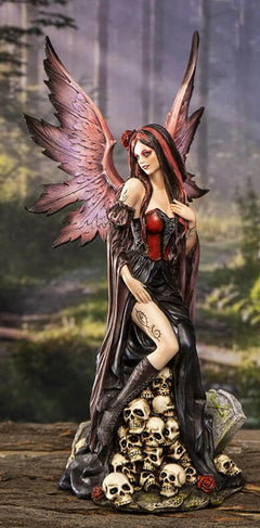 Black Sorceress Skulls Fairy with Red Rose Standing On Tombstone Figurine 15"H-1