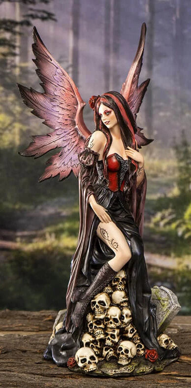 Black Sorceress Skulls Fairy with Red Rose Standing On Tombstone Figurine 15"H-1