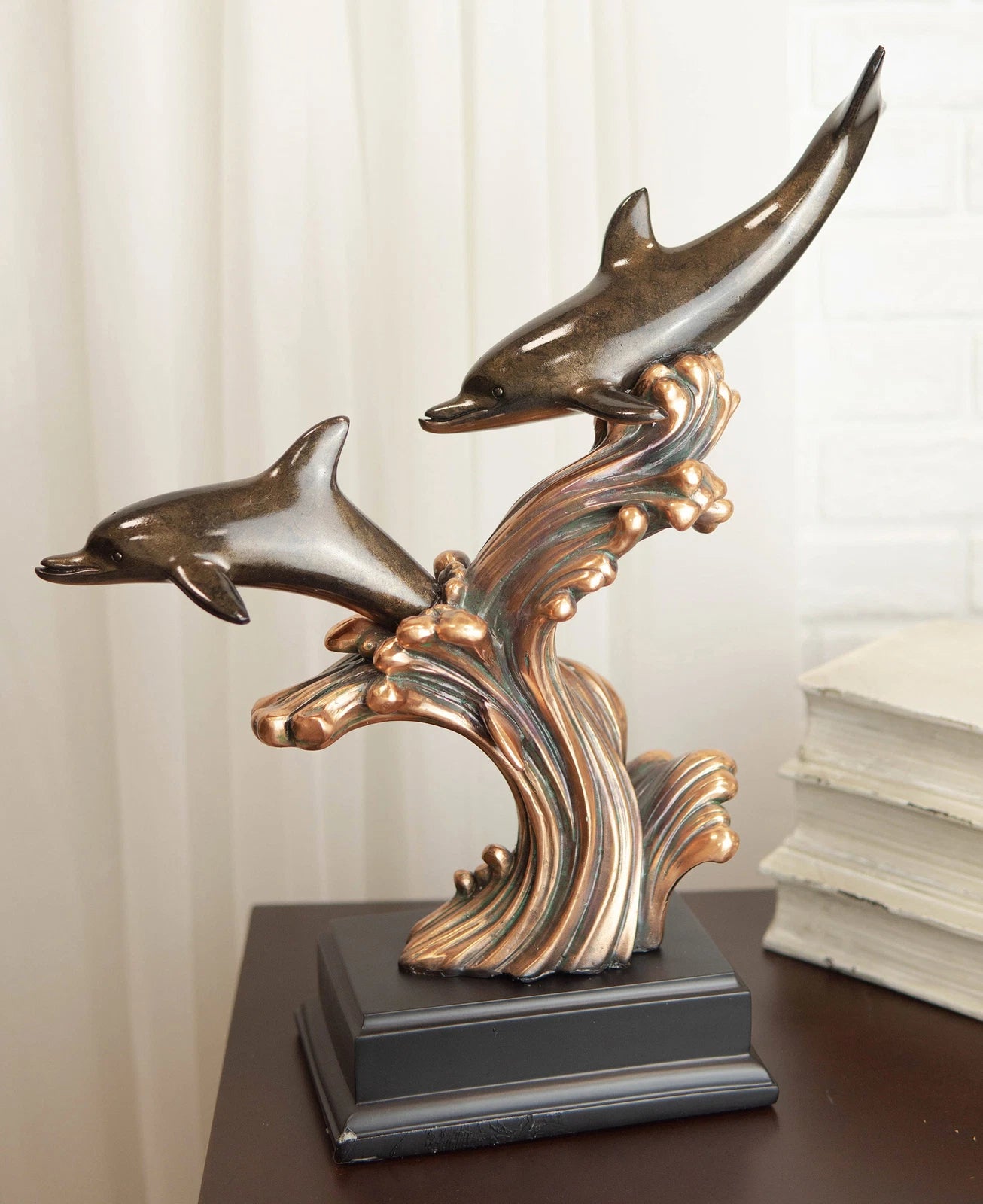 Nautical 2 Dolphins Surfing Ocean Waves Electroplated Bronze Resin Statue-1
