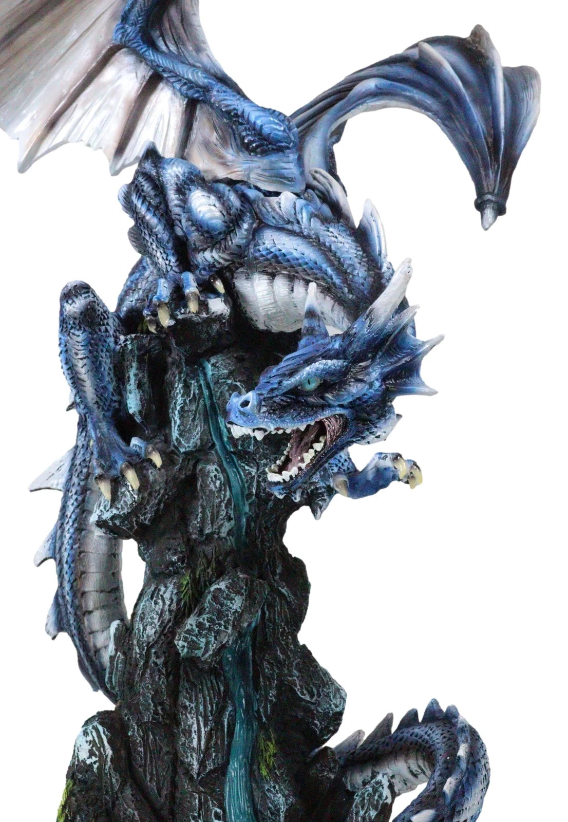 Large Blue Zirconia Rogue Storm Dragon Hovering Over Cliff Rock Waterfall Statue-4