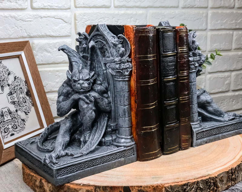 Medieval Age Gothic Sculptural The Thinker Gargoyle Bookends Figurine Set 6.25"H-3