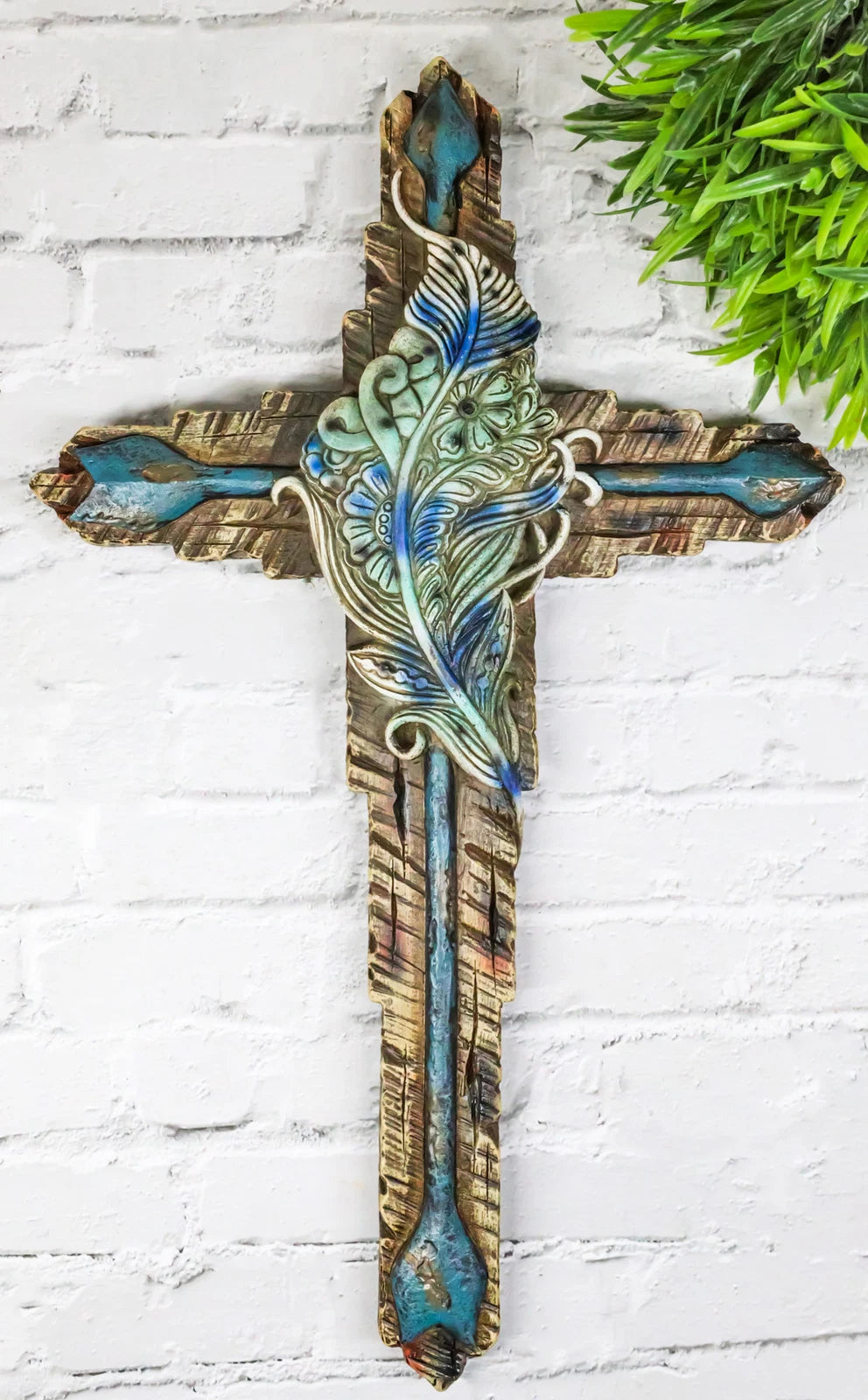 Southwestern Tribal Indian Feather And Turquoise Arrows Faux Wooden Wall Cross-1