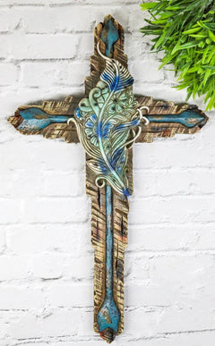 Southwestern Tribal Indian Feather And Turquoise Arrows Faux Wooden Wall Cross-1