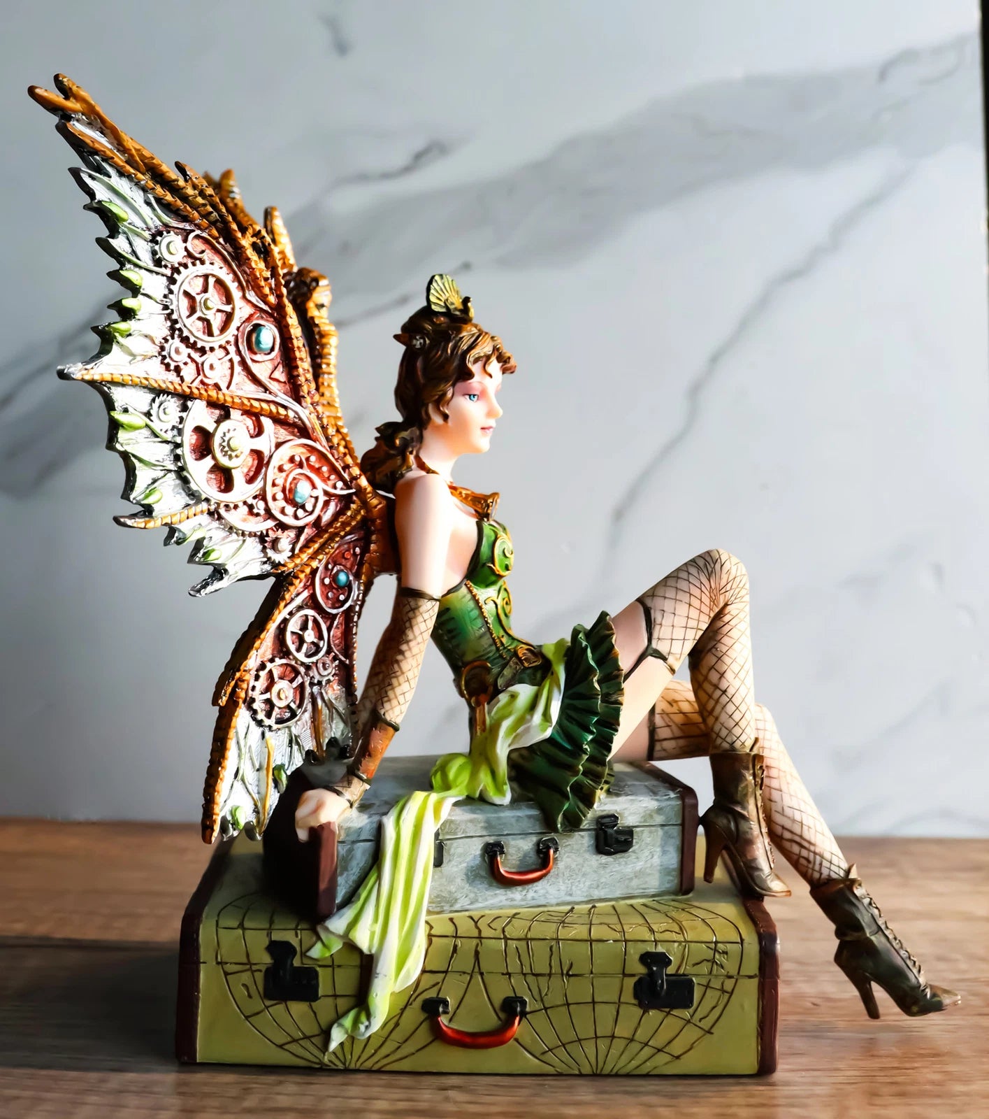 Steampunk Aviator Fairy Sitting On Suitcases Figurine 9"H Victorian Traveler-5