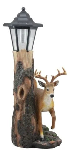 The Emperor 12 Point Buck Deer Statue Rustic Forest Tree Solar LED Light Outpost-7