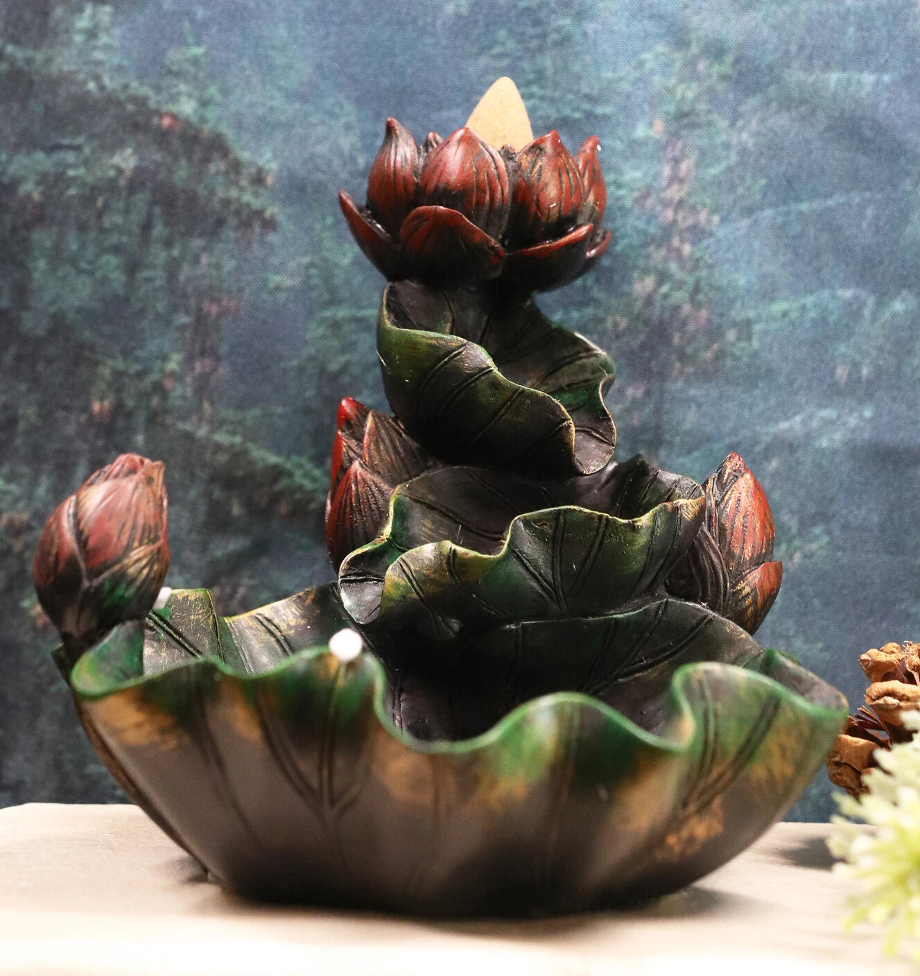 Zen Lotus Blossom Backflow Incense Cone Burner Tower Statue 4.25"Tall