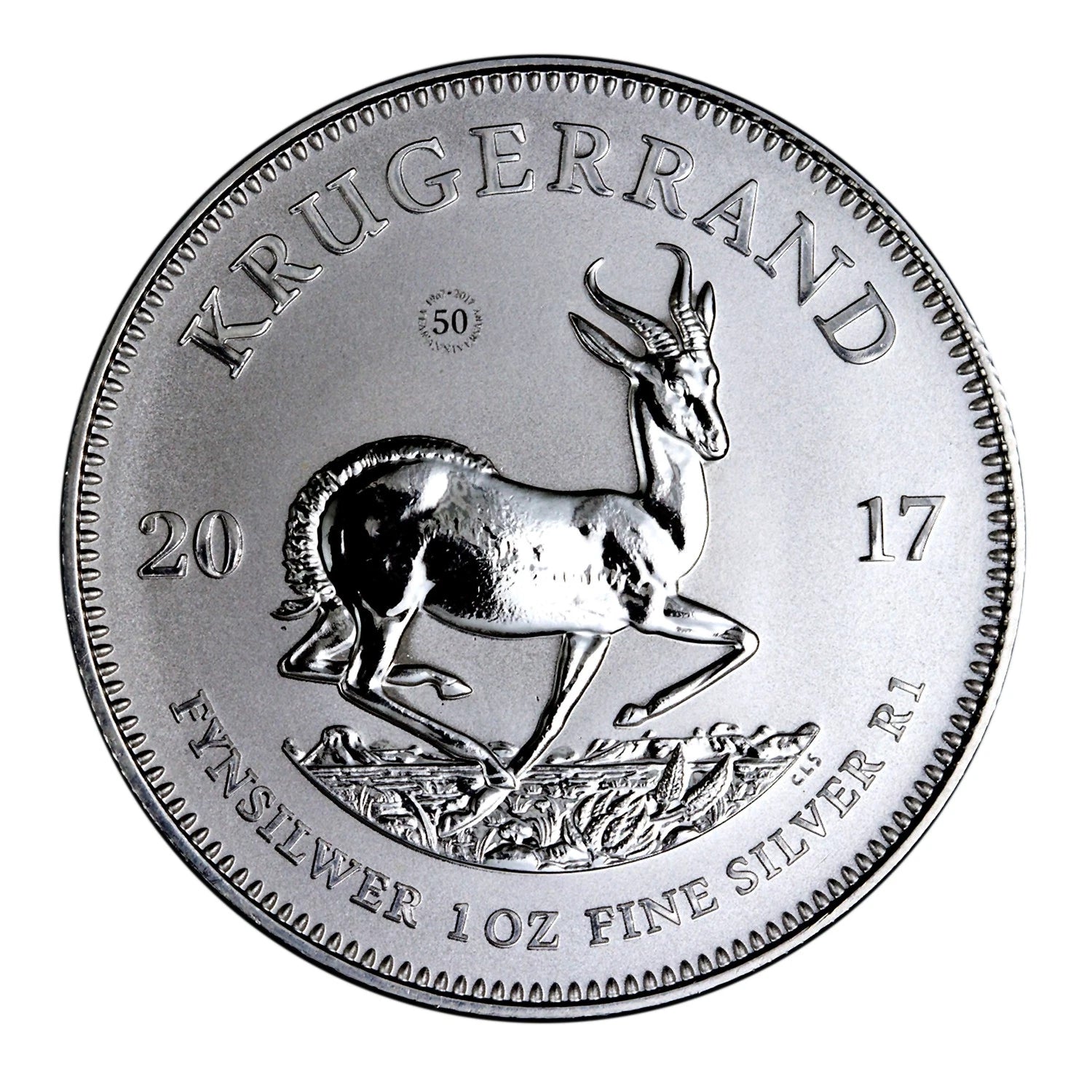 Moneda Krugerrand de Sudáfrica de 1 oz y 1 rand de plata 0.999 de 2017 - 50.º aniversario