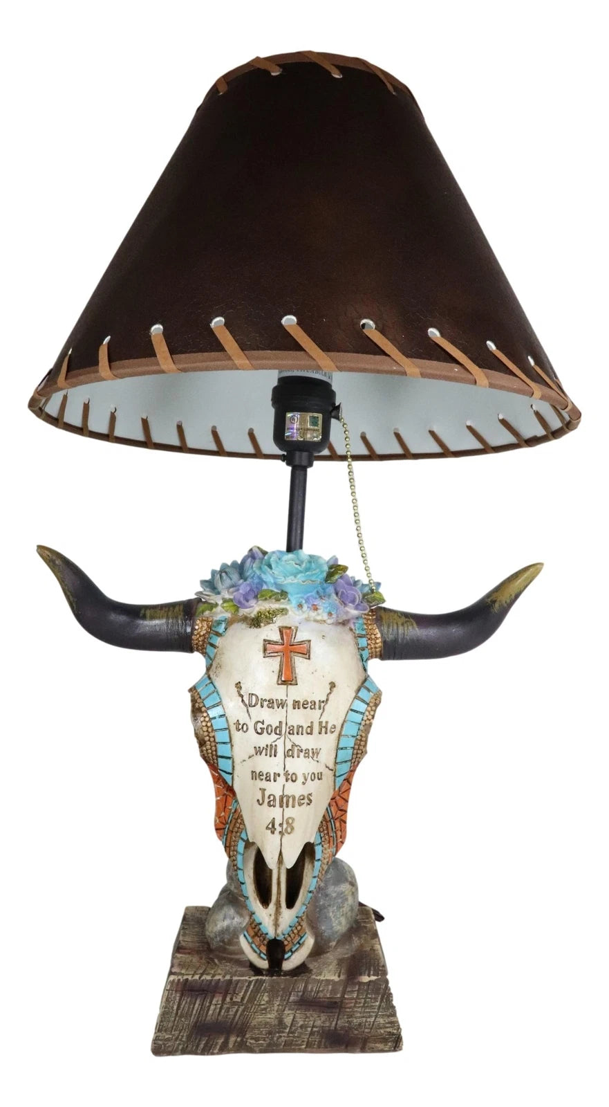 Lámpara de mesa con calavera de vaca de vaquero occidental y suculentas florales con versículo bíblico-3