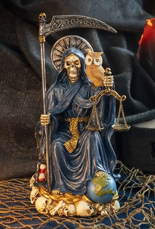 Seated Blue Santa Muerte With Scythe Scales of Justice And Wise Owl Figurine 9"H-3