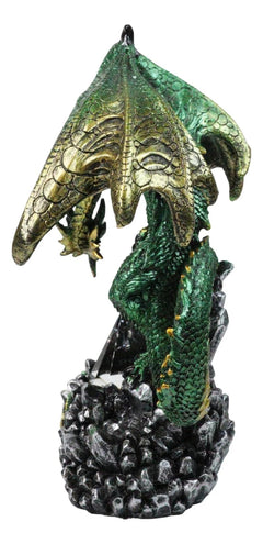 Metallic Green and Gold Rune Dragon Guarding Glass Prism Crystals Figurine 10"H-6