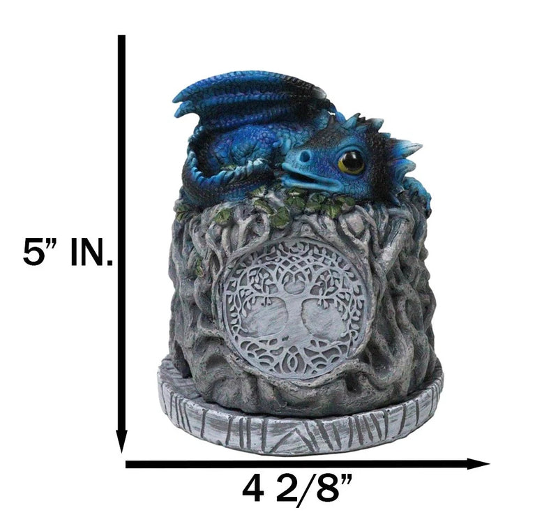 Blue Wyrmling Dragon Sleeping On Tree Of Life Stump Cone Incense Burner Figurine-4