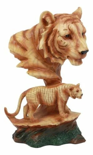 Tiger Bust Statue 9.25"H Faux Wood Resin Tiger Family Wildlife Figurine-5