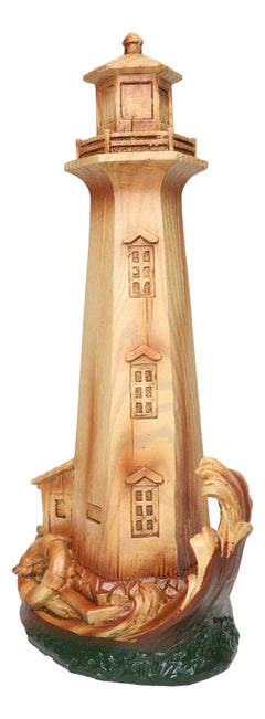 9"H Nautical Lighthouse With Life Ring Buoy And Crashing Ocean Wave Statue-6