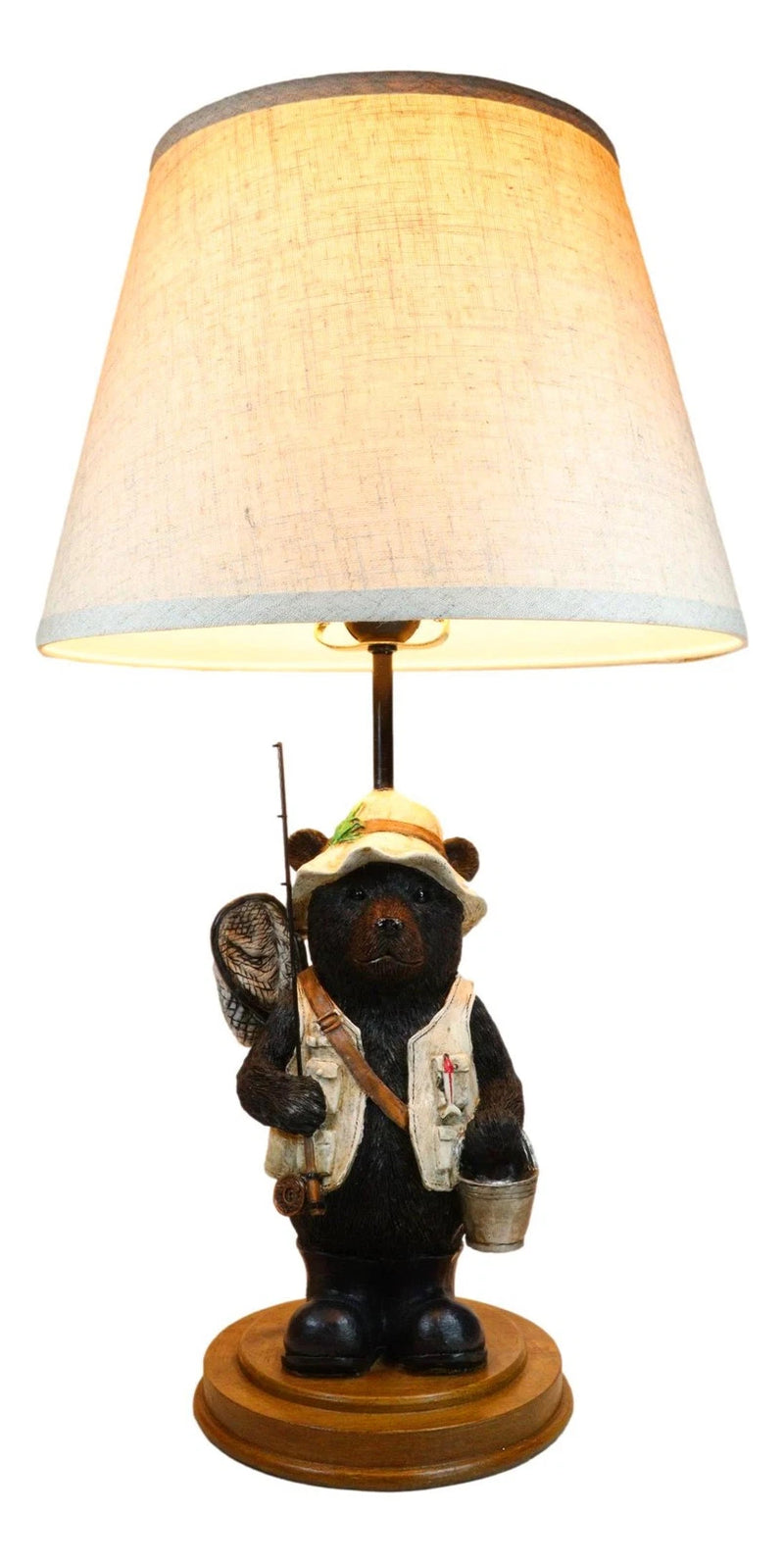 Camping Fisherman Angler Bear Going Fishing With Pole Net And Bucket Table Lamp-2