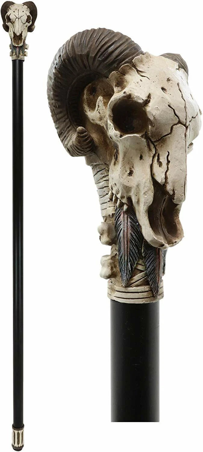 Gothic Tribal Ram Horned Skull Decorative Prop Cosplay Walking Cane 38"H