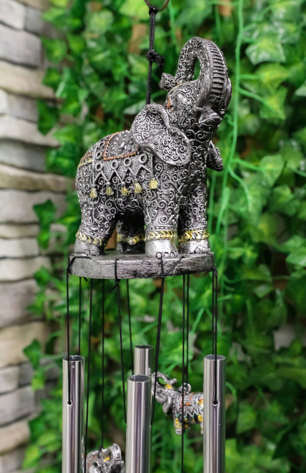 Feng Shui Thai Buddha Elephant In Filigree Art Figurine Crown Garden Wind Chime-4