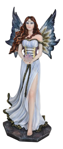 Enchanted Fantasy Damsel Fairy In White Corset Gown Holding Blue Flame Figurine-3