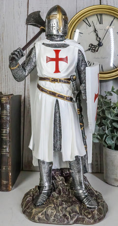 White Cloak Caped Medieval Crusader Bardiche Axeman Knight Statue Figurine-1