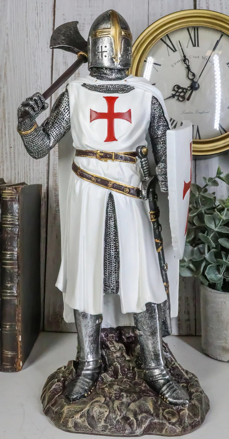 White Cloak Caped Medieval Crusader Bardiche Axeman Knight Statue Figurine-1