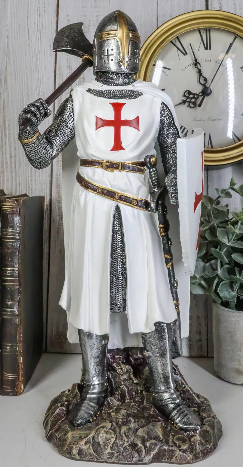 White Cloak Caped Medieval Crusader Bardiche Axeman Knight Statue Figurine