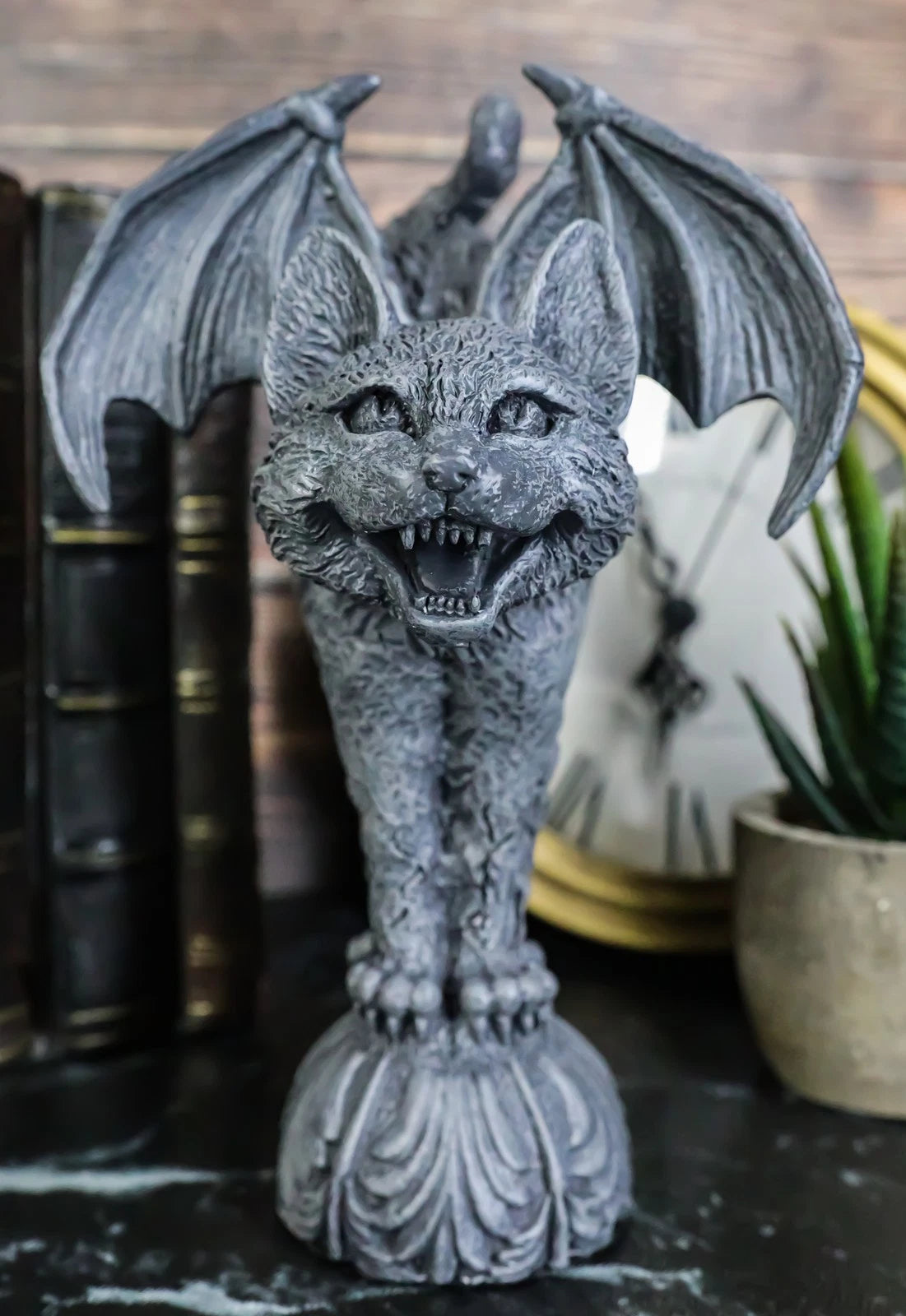 Bizarre Gothic Eureka Bat Winged Cat Gargoyle Statue 7"H Stoic Feline Guardian